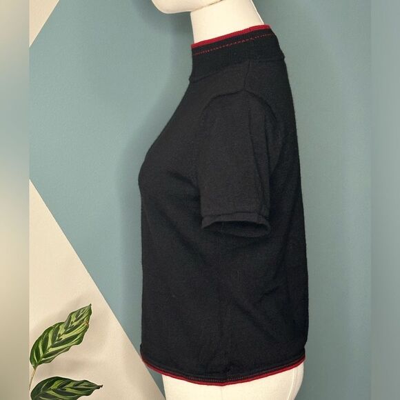 Tahari Black Knit Short Sleeve Mock Turtleneck Sweater with Red Trim - Size 6 - Picture 3 of 13